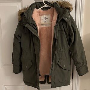 Abercrombie & Fitch Kids Olive Green Puffer Coat with Faux Fur Hood